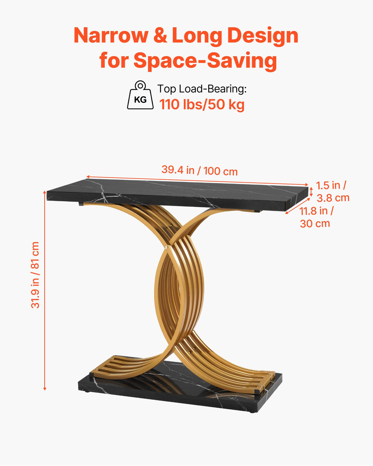 VEVOR 100 cm Gold Console Table, Modern Desk Behind the Couch, Wood Rectangle Entrance Desk, Narrow Long Sofa Table Accent Stand with Metal Legs for Hallway, Bedroom, Living Room, Foyer, Easy Assembly