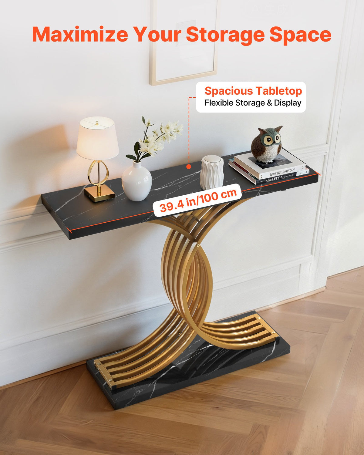 VEVOR 100 cm Gold Console Table, Modern Desk Behind the Couch, Wood Rectangle Entrance Desk, Narrow Long Sofa Table Accent Stand with Metal Legs for Hallway, Bedroom, Living Room, Foyer, Easy Assembly