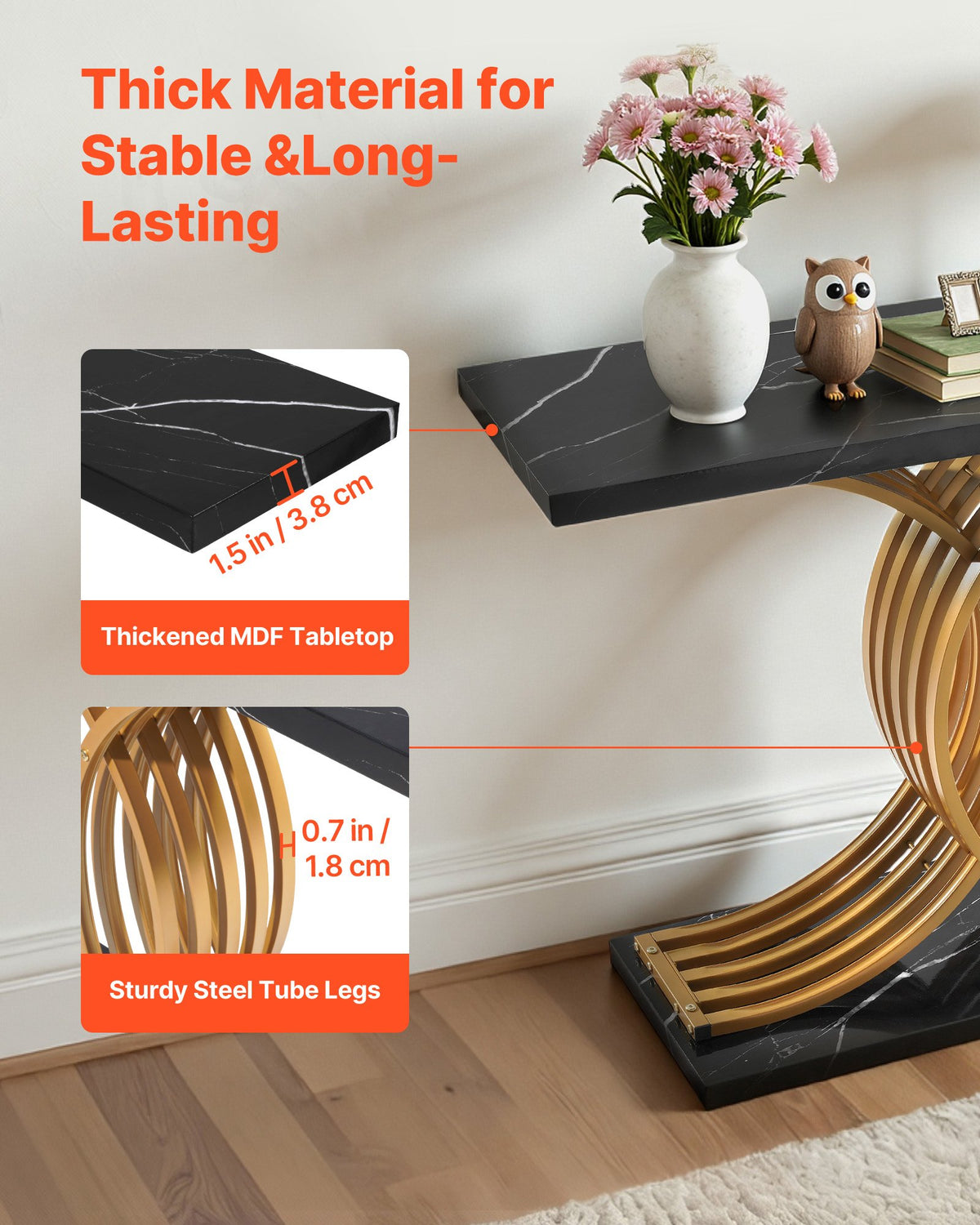 VEVOR 100 cm Gold Console Table, Modern Desk Behind the Couch, Wood Rectangle Entrance Desk, Narrow Long Sofa Table Accent Stand with Metal Legs for Hallway, Bedroom, Living Room, Foyer, Easy Assembly