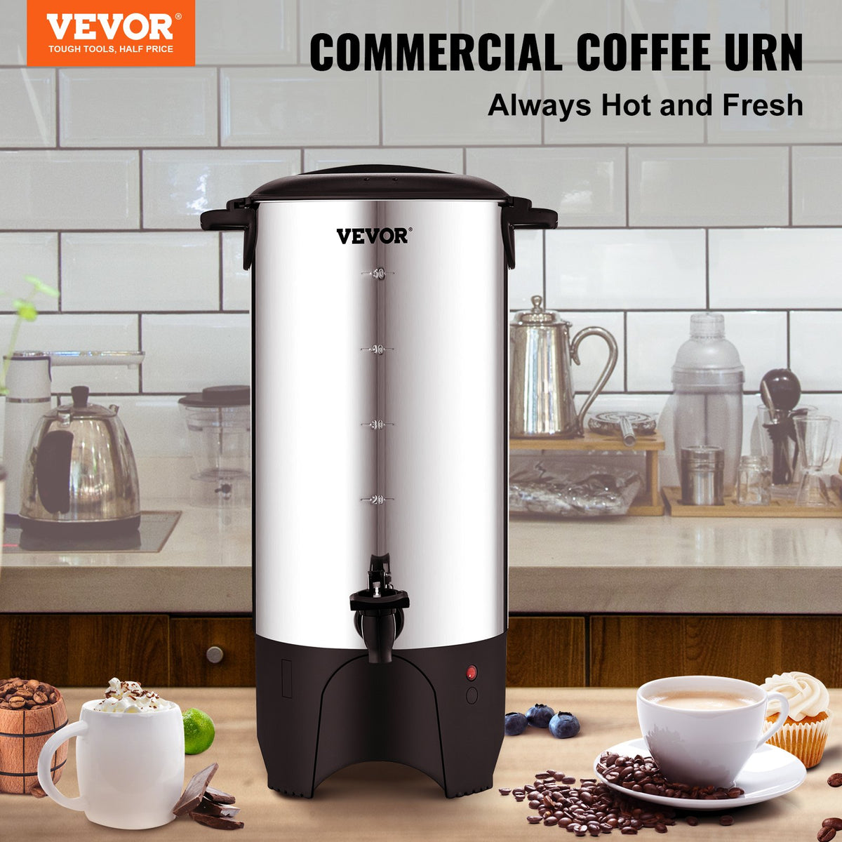 VEVOR Commercial Coffee Urn, 50 Cups Stainless Steel Large Coffee Dispenser, 1000W 220V Electric Coffee Maker Urn For Quick Brewing, Hot Water Urn with Detachable Power Cord for Easy Cleaning, Silver