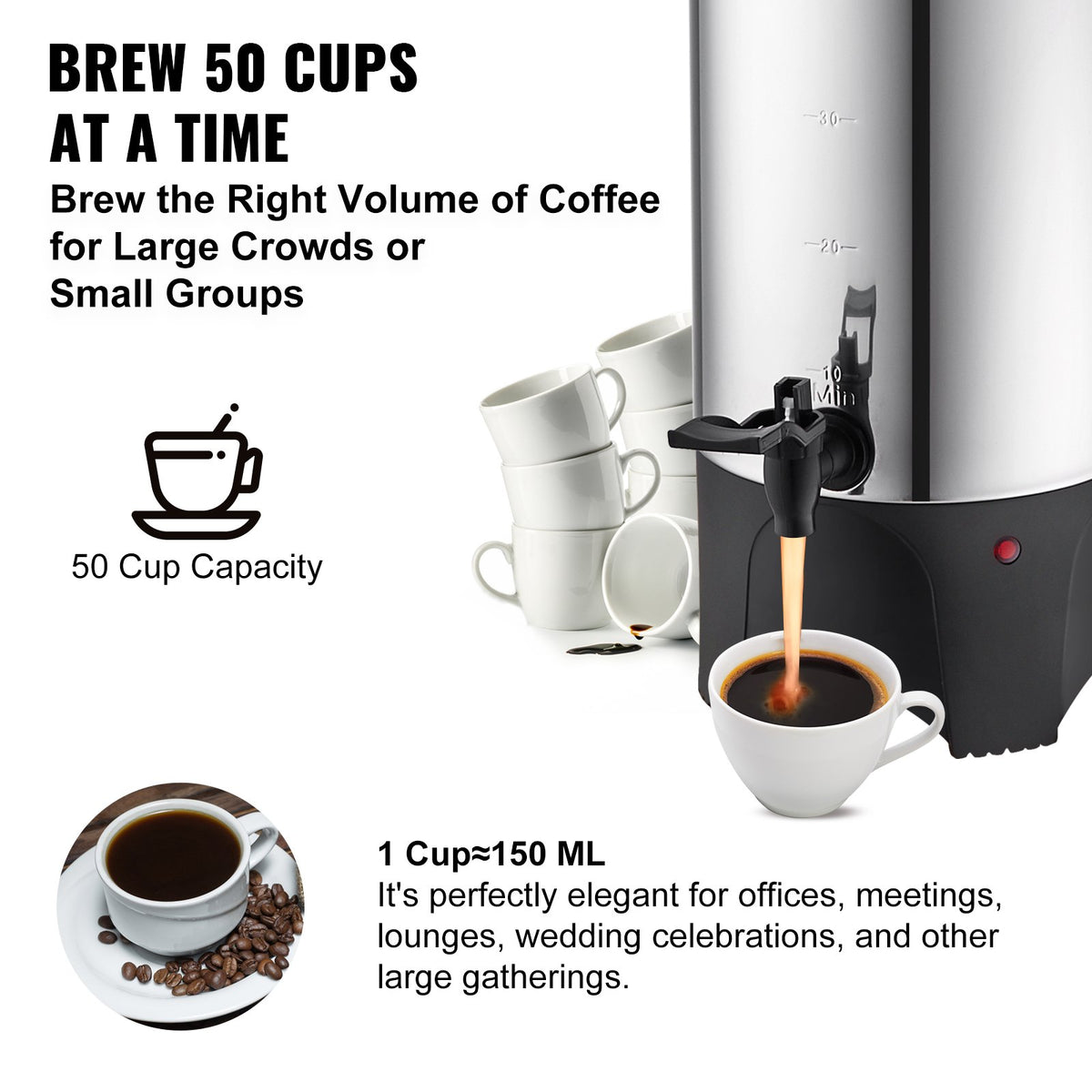 VEVOR Commercial Coffee Urn, 50 Cups Stainless Steel Large Coffee Dispenser, 1000W 220V Electric Coffee Maker Urn For Quick Brewing, Hot Water Urn with Detachable Power Cord for Easy Cleaning, Silver