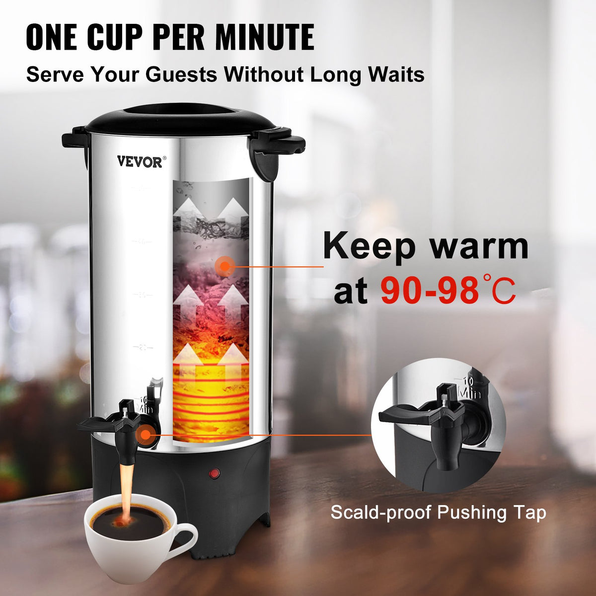 VEVOR Commercial Coffee Urn, 50 Cups Stainless Steel Large Coffee Dispenser, 1000W 220V Electric Coffee Maker Urn For Quick Brewing, Hot Water Urn with Detachable Power Cord for Easy Cleaning, Silver