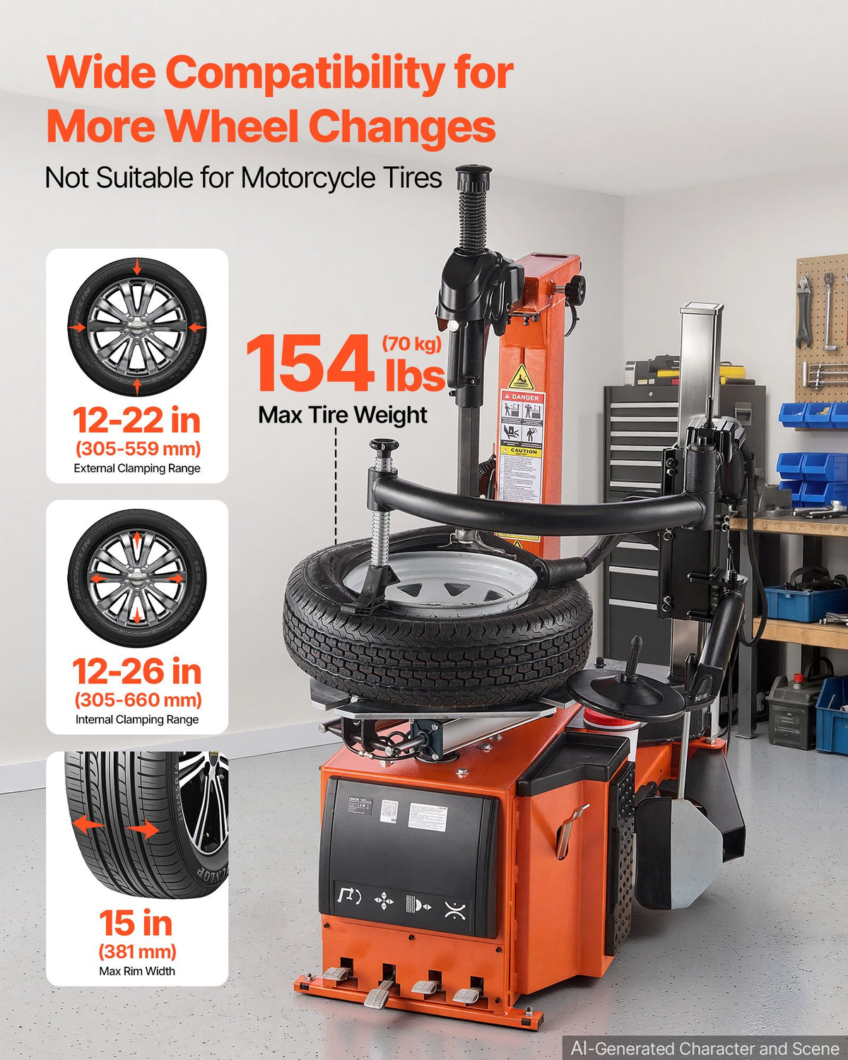 VEVOR Tire Changer Machine 1100W Wheel Changer with Independent Assist Arm, 12"-22" Outside Clamp, 12"-26" Inside Clamp, Support Max 15" Rim Width, with Pedal Control for Repair Shop & Home Garage