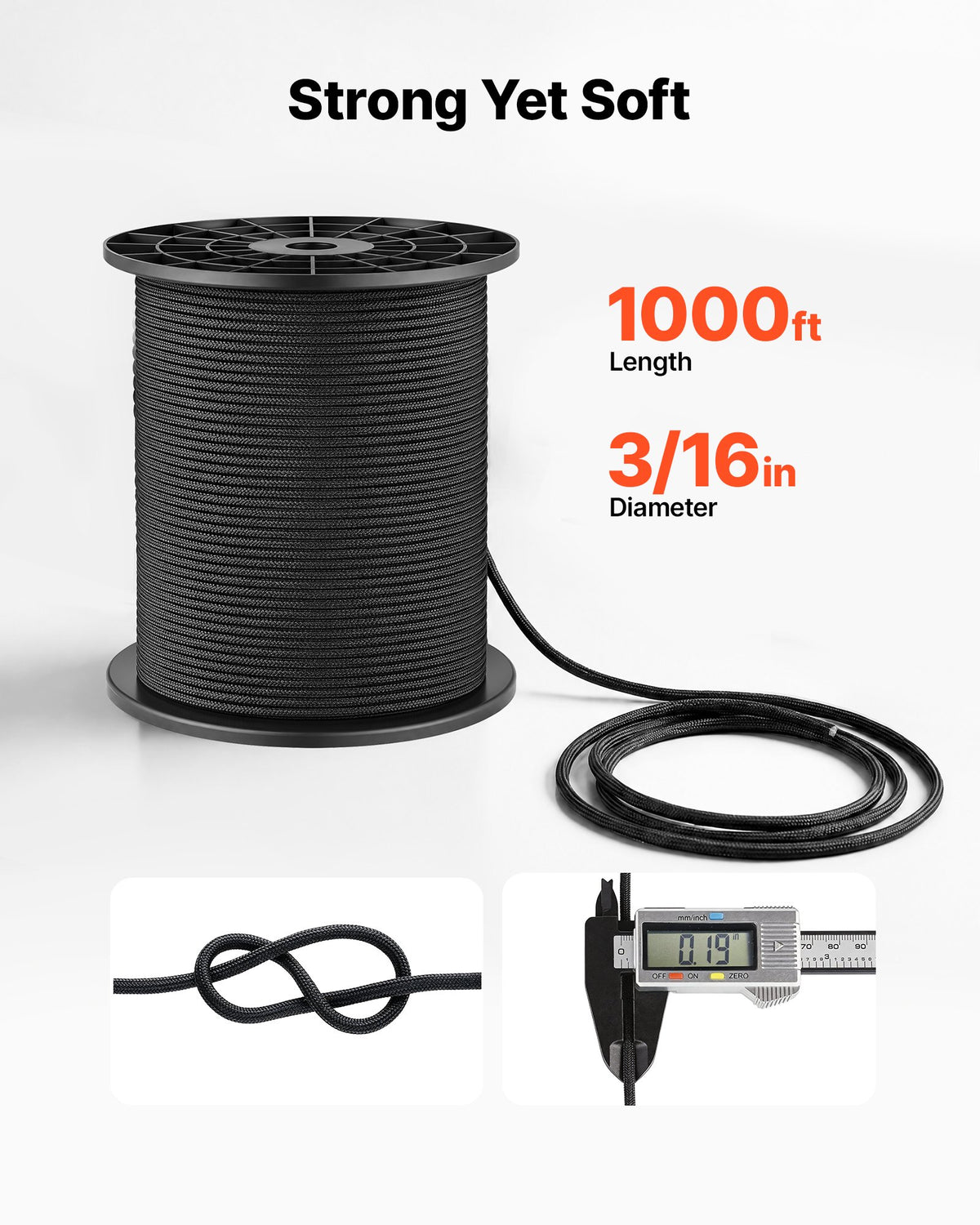 VEVOR Paracord Rope 4.7 mm x 305 m Nylon Parachute Cord 550 Tactical, Survival Cord, Heavy Duty 7 Strand, 295 kg High Breaking Strength, Utility Rope, for Outdoor Camping & Bracelets, Black