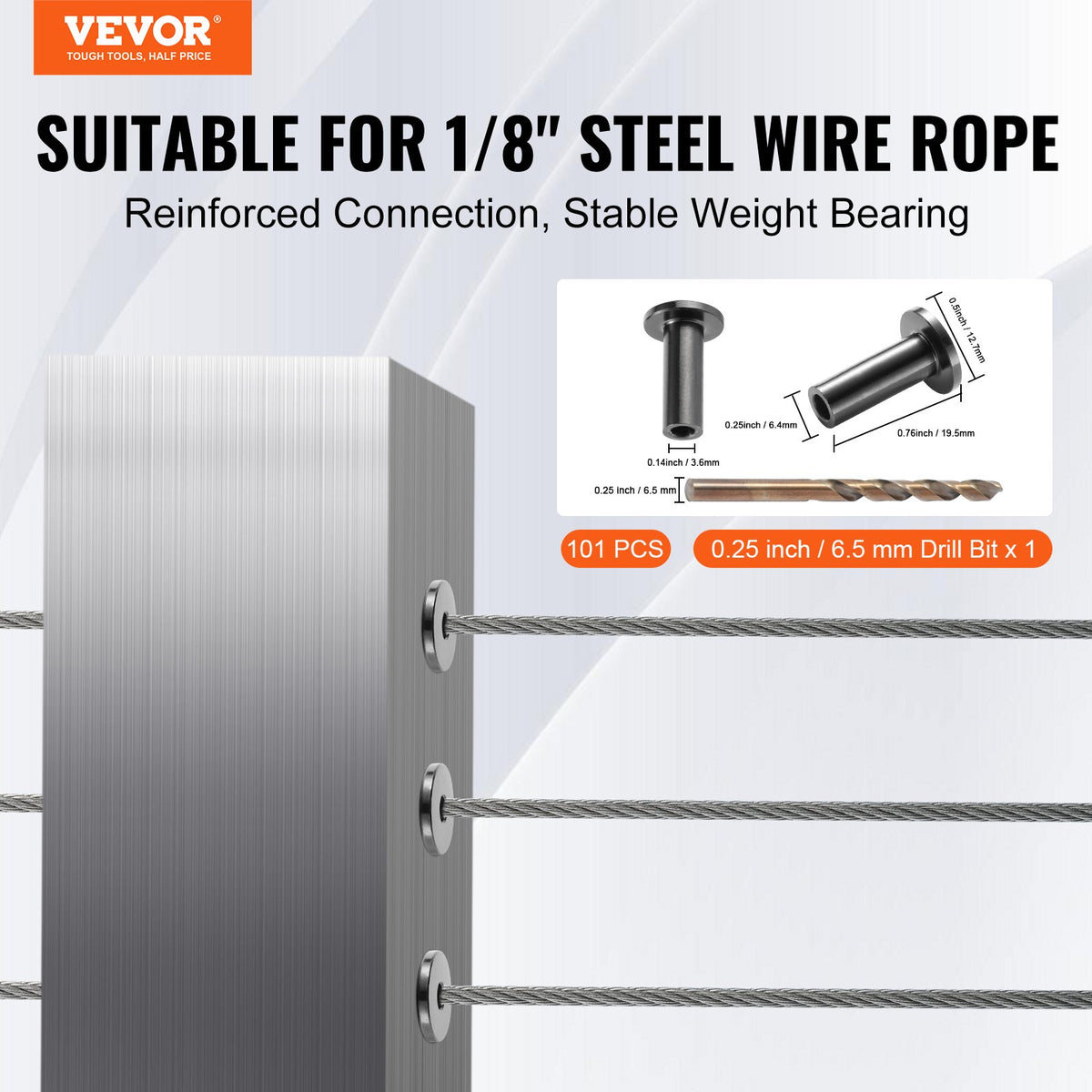 VEVOR 101 Pack T316 Stainless Steel Protector Sleeves for 3.2mm Wire Rope Cable Railing