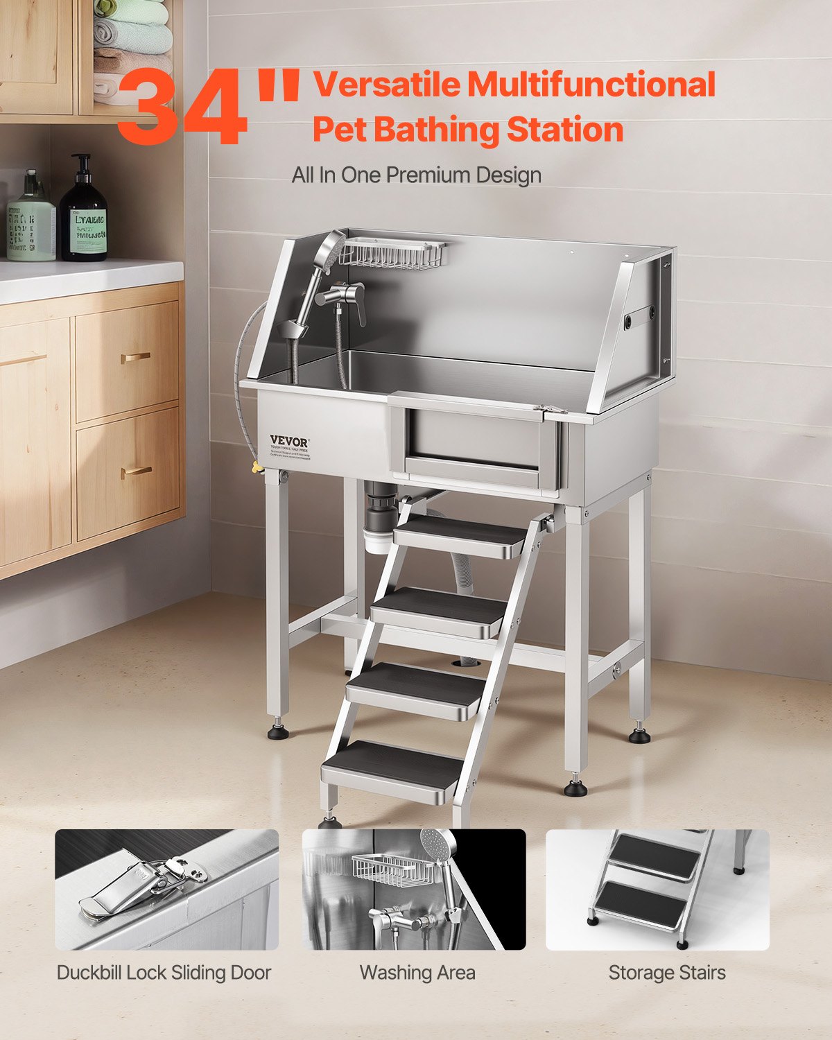 VEVOR 86.4 cm Dog Washing Station, Stainless Steel Pet Grooming Tub Bathtub, Professional Dog Wash Sink with Shower, Faucet, Soap Holder, Non-Slip Stairs Easy-Clean for Small Pets Cats (Right Door)