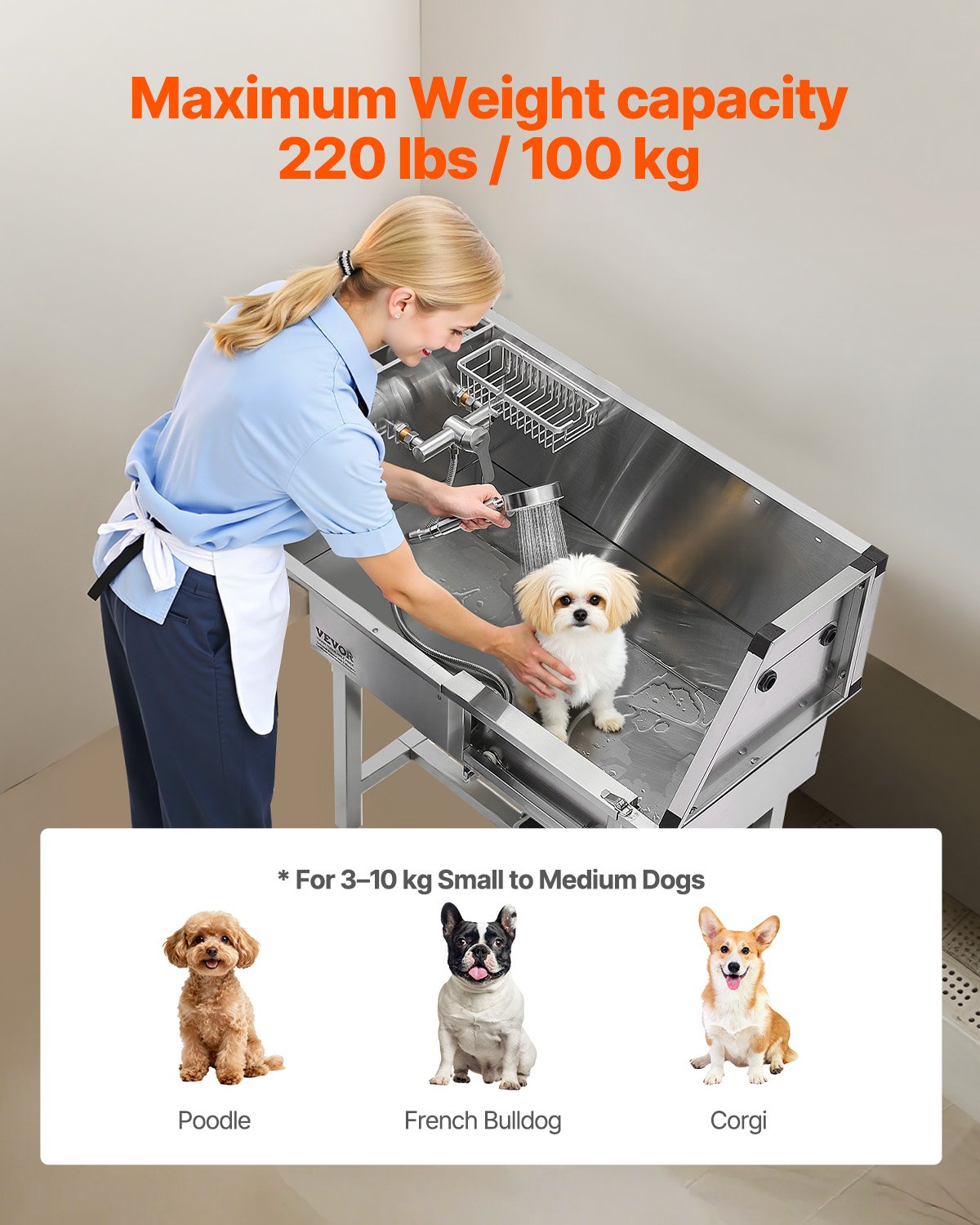 VEVOR 86.4 cm Dog Washing Station, Stainless Steel Pet Grooming Tub Bathtub, Professional Dog Wash Sink with Shower, Faucet, Soap Holder, Non-Slip Stairs Easy-Clean for Small Pets Cats (Right Door)