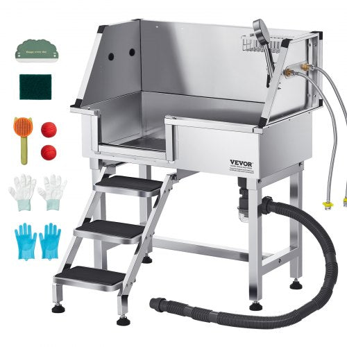 VEVOR 86.4 cm Stainless Steel Dog Washing Station, Pet Grooming Tub with Hot & Cold Faucet, Showerhead, Home Wash Sink, Fits Small Cats and Dogs, Non-Slip Stairs (Left Door)