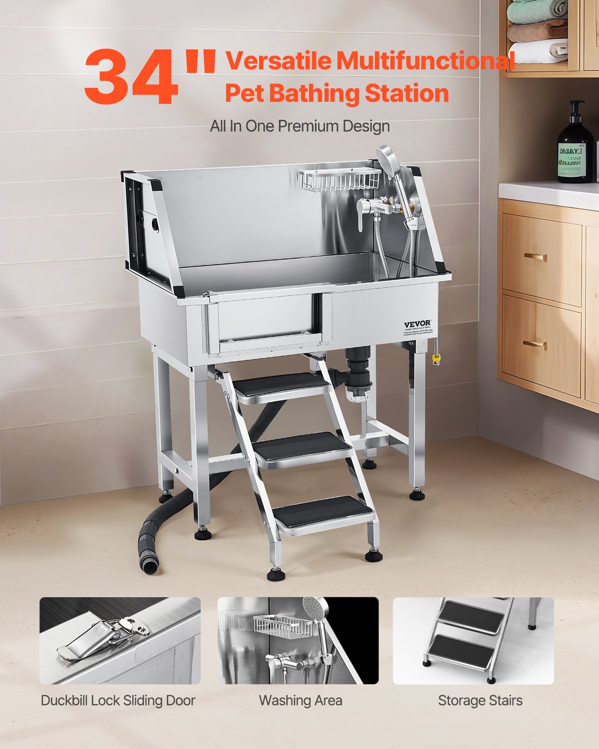 VEVOR 86.4 cm Stainless Steel Dog Washing Station, Pet Grooming Tub with Hot & Cold Faucet, Showerhead, Home Wash Sink, Fits Small Cats and Dogs, Non-Slip Stairs (Left Door)