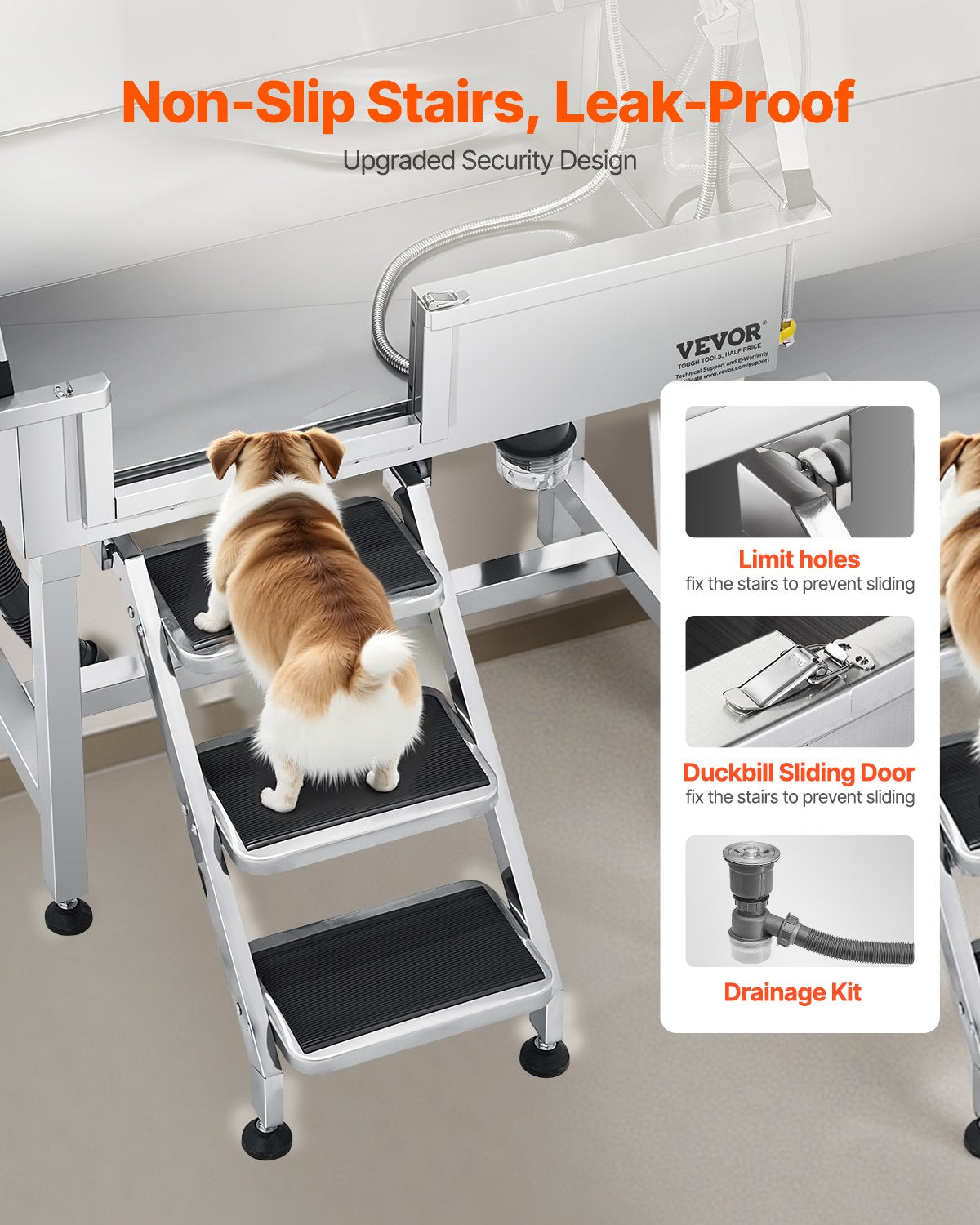 VEVOR 86.4 cm Stainless Steel Dog Washing Station, Pet Grooming Tub with Hot & Cold Faucet, Showerhead, Home Wash Sink, Fits Small Cats and Dogs, Non-Slip Stairs (Left Door)