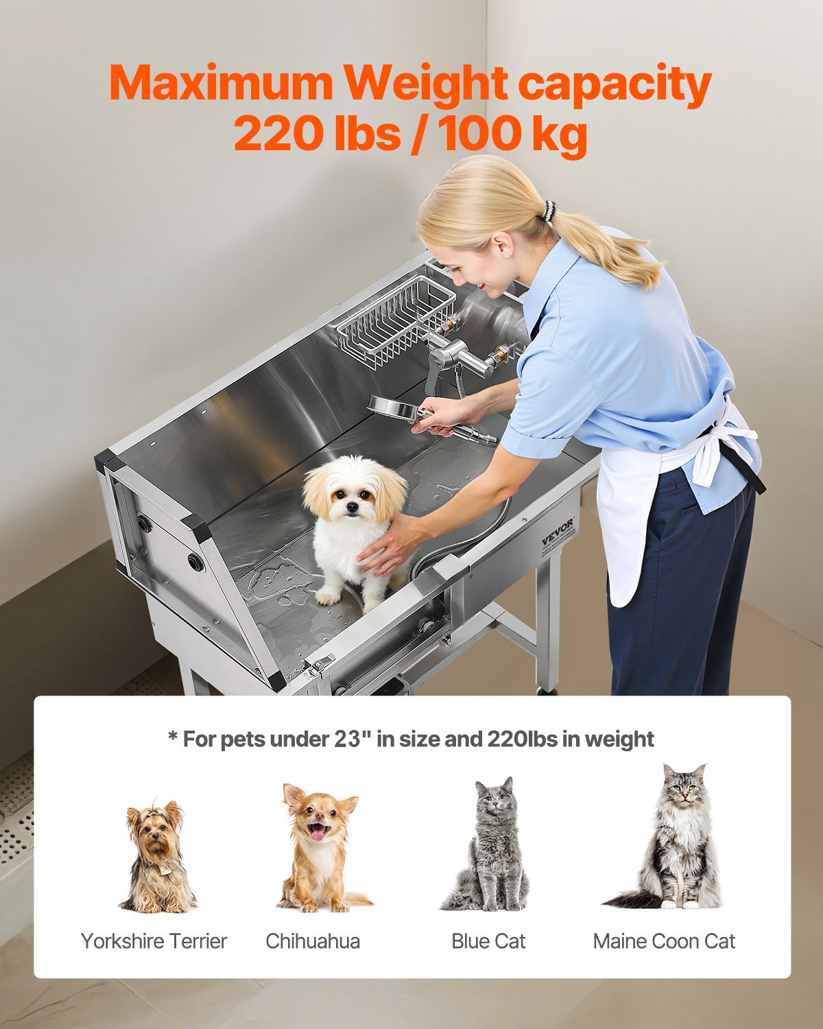 VEVOR 86.4 cm Stainless Steel Dog Washing Station, Pet Grooming Tub with Hot & Cold Faucet, Showerhead, Home Wash Sink, Fits Small Cats and Dogs, Non-Slip Stairs (Left Door)