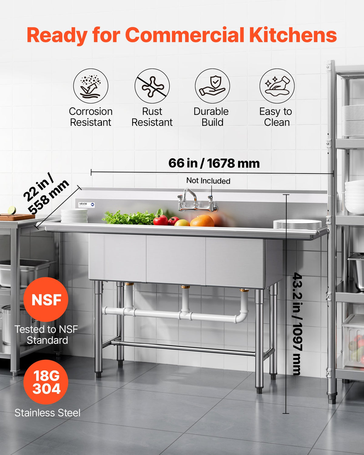 VEVOR 3 Compartment Sink, 18-Gauge 304 Stainless Steel, 356x400x279 mm Bowl Size, 3 Bay Commercial Kitchen Prep & Utility Sink with 2 Drainboards and Backsplash for Restaurant, Food Truck & Home Use