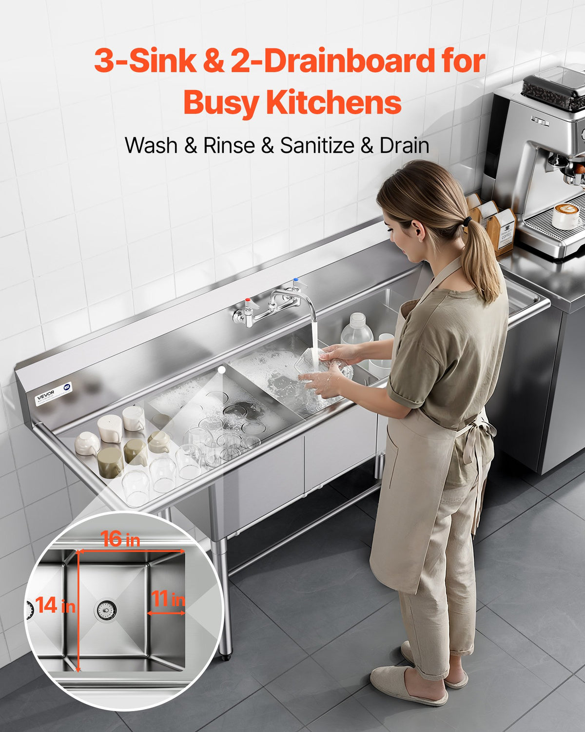 VEVOR 3 Compartment Sink, 18-Gauge 304 Stainless Steel, 356x400x279 mm Bowl Size, 3 Bay Commercial Kitchen Prep & Utility Sink with 2 Drainboards and Backsplash for Restaurant, Food Truck & Home Use