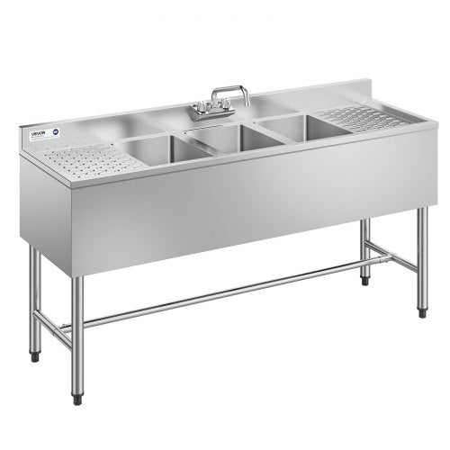 VEVOR 3 Compartment Sink, 18-Gauge 304 Stainless Steel, 254x356x254 mm Bowl Size, 3 Bay Commercial Under Bar Sink with Double Drainboard and Backsplash for Kitchen, Restaurant, Food Truck & Home Use