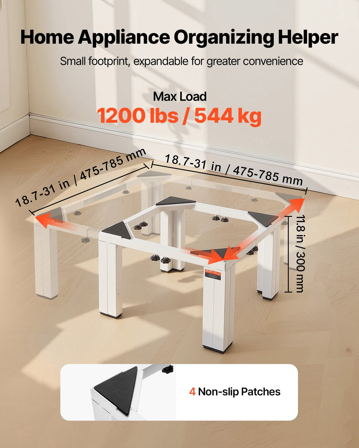 VEVOR Laundry Pedestal, 12 in Height, Washer and Dryer Pedestals with 1200 lbs Weight Load Capacity, 18.7-31 in Adjustable, Non-Slip Feet, Heavy-duty Steel Washing Machine Stand Universal Fit, White
