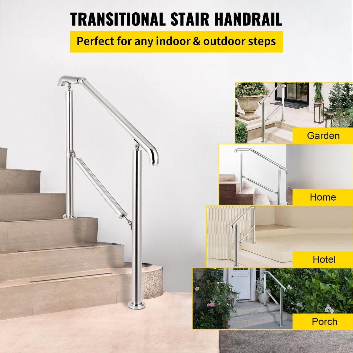 VEVOR 3 Step Railing Stainless Steel Transitional Handrail fit for Level Surface and 1 to 3 Steps Adjustable Stair Railing Indoor Outdoor Step Railings 99.8 kg Capacity W/ Installation Kit Porch DIY