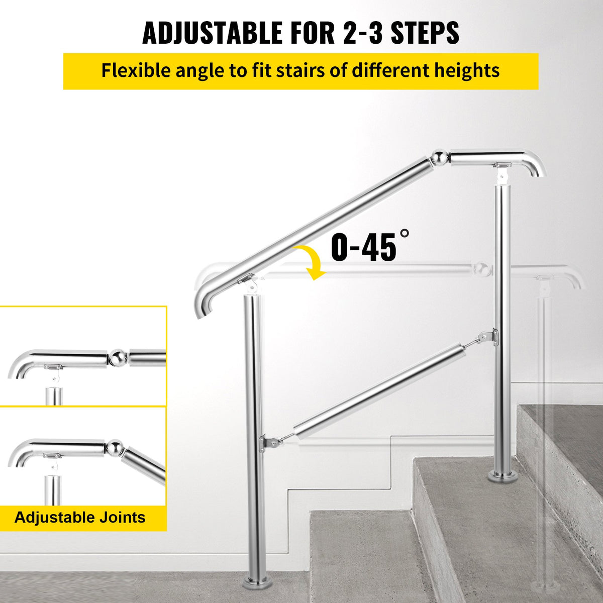 VEVOR 3 Step Railing Stainless Steel Transitional Handrail fit for Level Surface and 1 to 3 Steps Adjustable Stair Railing Indoor Outdoor Step Railings 99.8 kg Capacity W/ Installation Kit Porch DIY