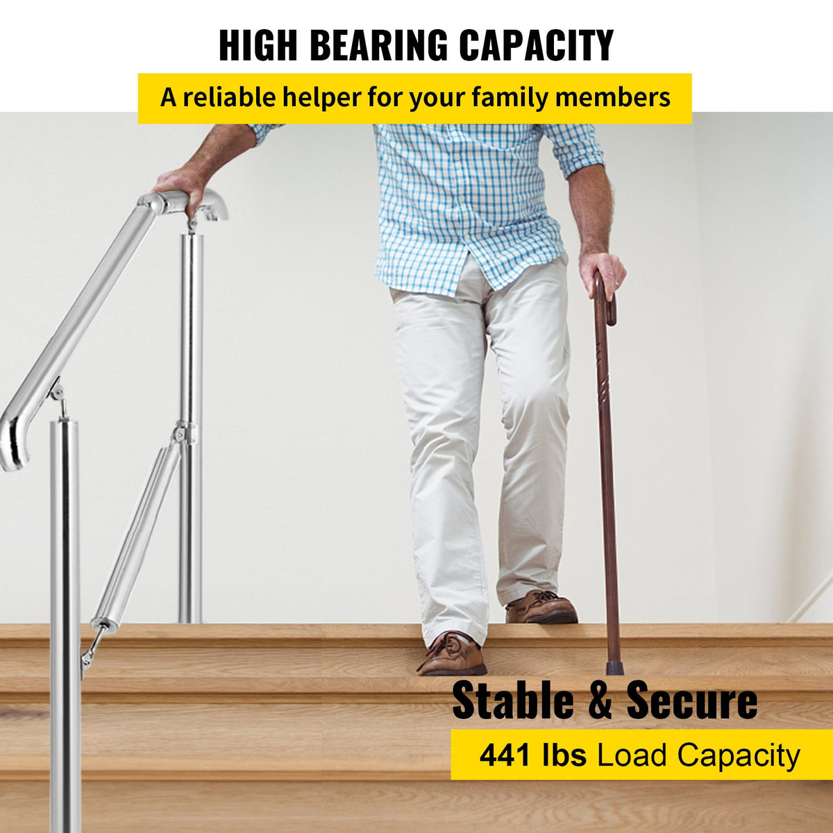 VEVOR 3 Step Railing Stainless Steel Transitional Handrail fit for Level Surface and 1 to 3 Steps Adjustable Stair Railing Indoor Outdoor Step Railings 99.8 kg Capacity W/ Installation Kit Porch DIY