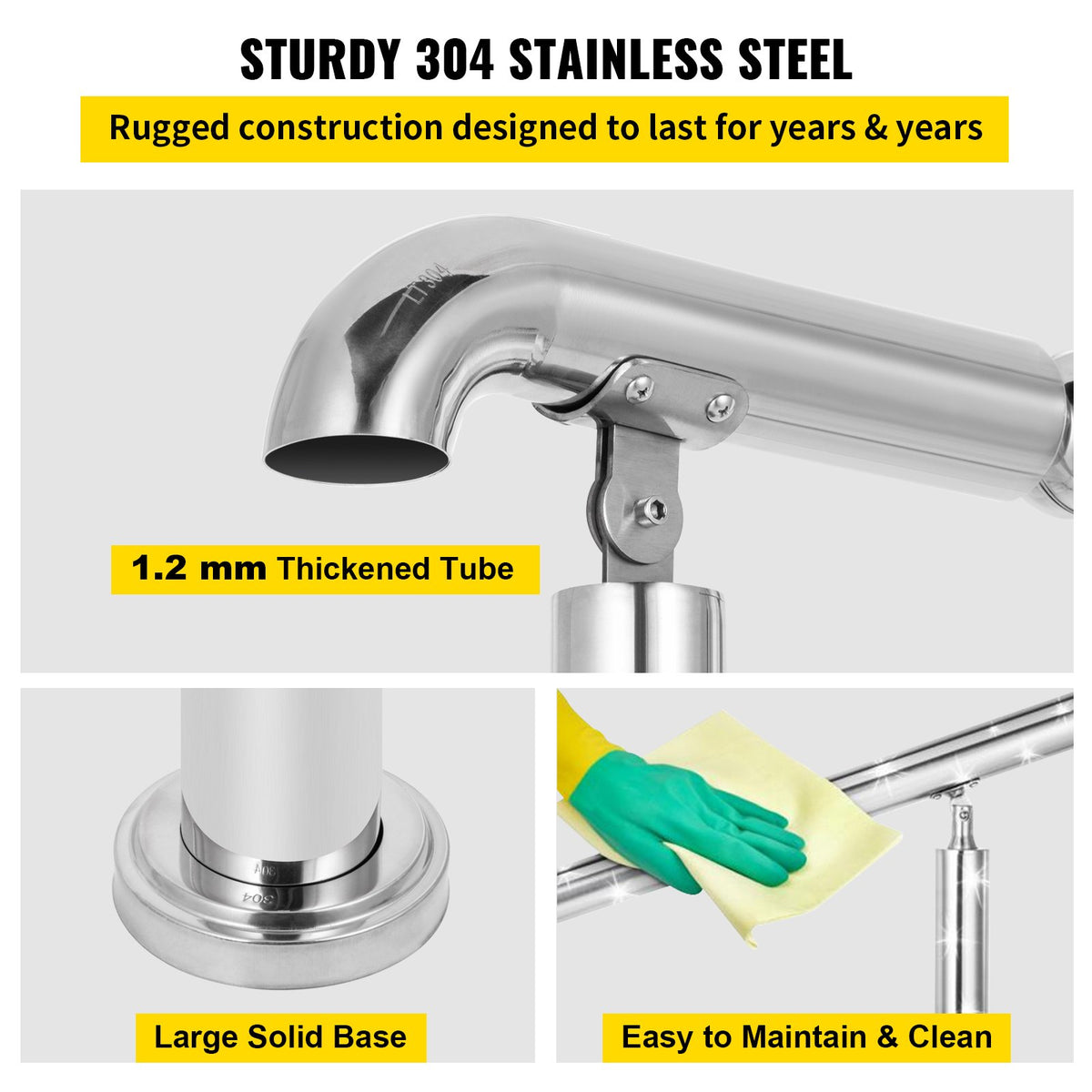 VEVOR 3 Step Railing Stainless Steel Transitional Handrail fit for Level Surface and 1 to 3 Steps Adjustable Stair Railing Indoor Outdoor Step Railings 99.8 kg Capacity W/ Installation Kit Porch DIY