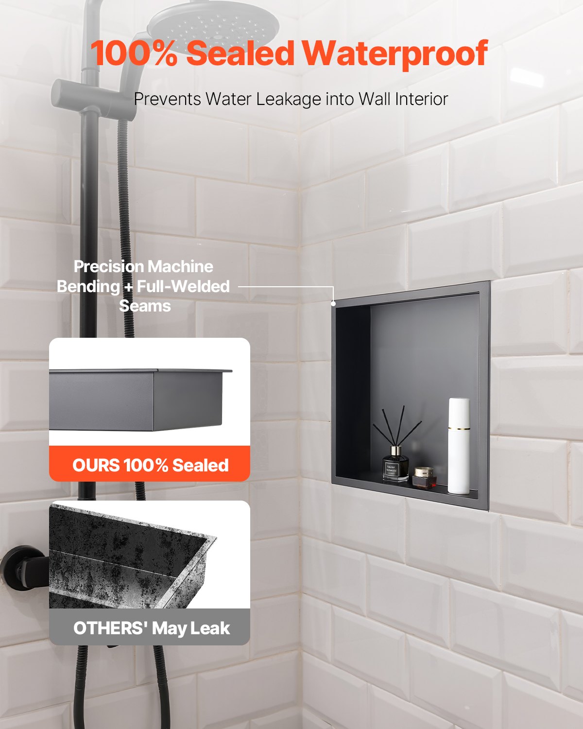 VEVOR Shower Niche, 33.0 x 33.0 x 10.2 cm Recessed Wall Niche, Heavy-duty Stainless Steel Modern Soap & Shampoo Storage Organizer, Sealed Waterproof, Durable & Easy to Install, Black for Bathroom