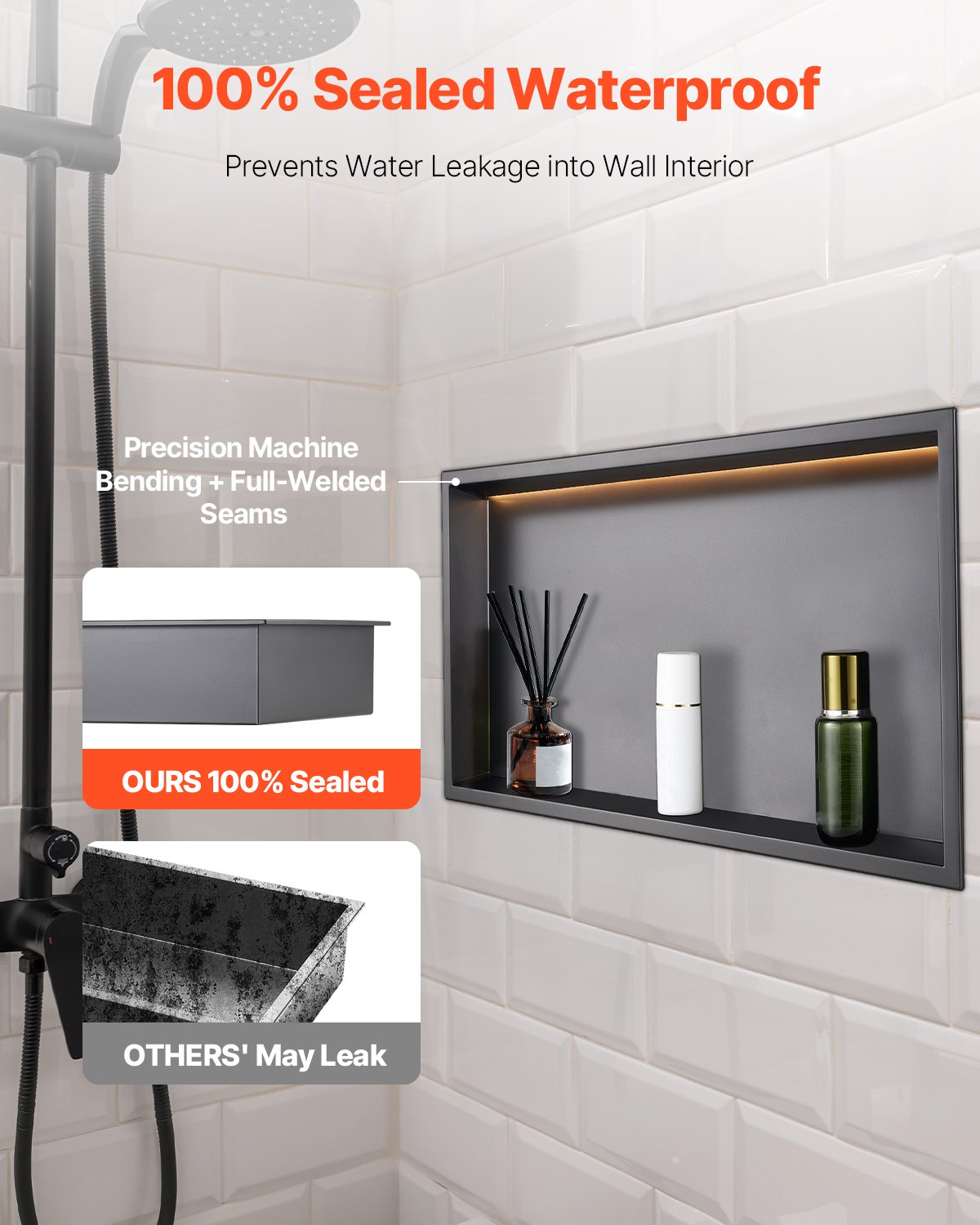 VEVOR Shower Niche, 33.0 x 63.5 x 10.2 cm Recessed Wall Niche With LED Strip, Heavy-duty Stainless Steel Modern Shampoo Storage Organizer, Sealed Waterproof, Easy to Install, Black for Bathroom