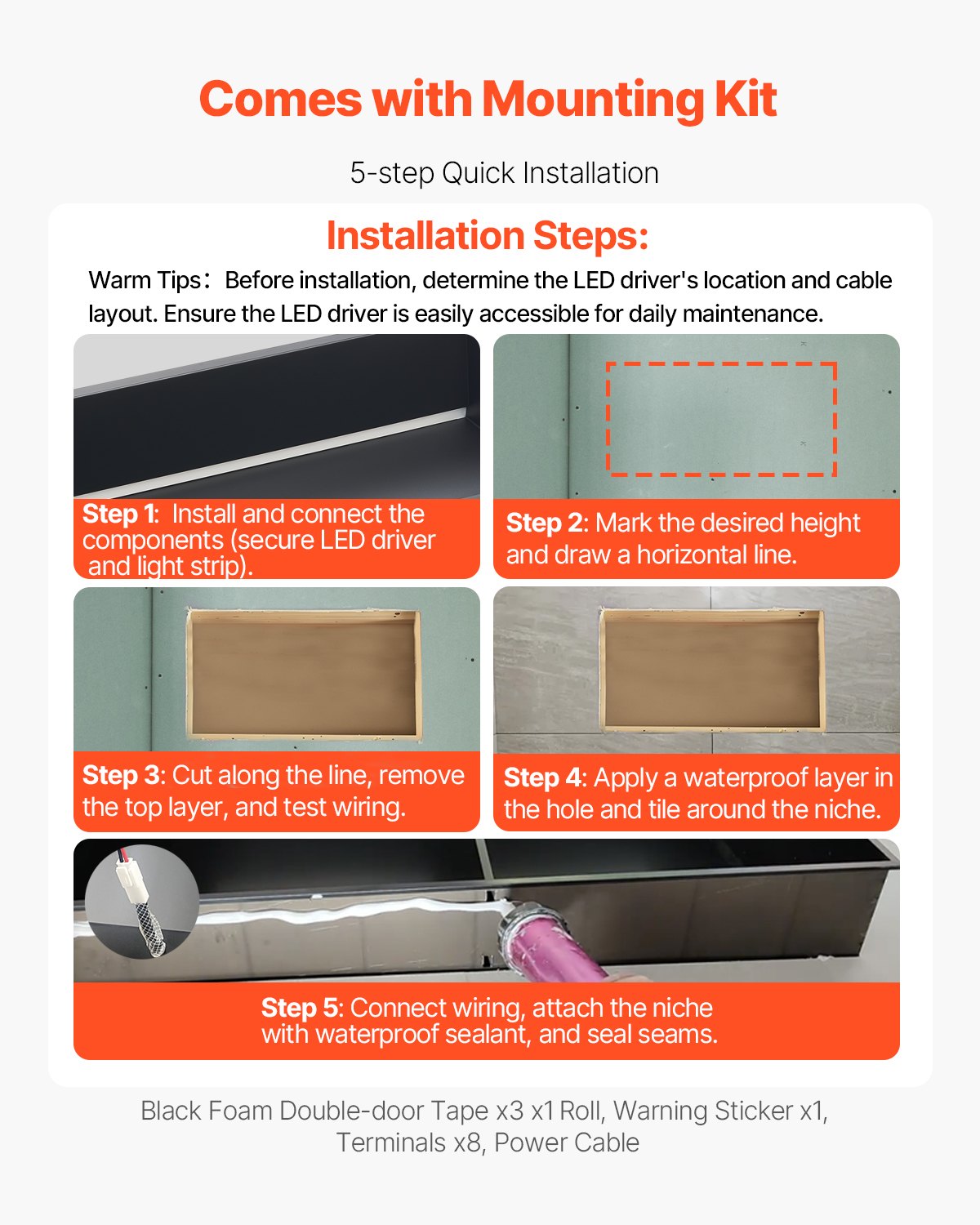 VEVOR Shower Niche, 33.0 x 63.5 x 10.2 cm Recessed Wall Niche With LED Strip, Heavy-duty Stainless Steel Modern Shampoo Storage Organizer, Sealed Waterproof, Easy to Install, Black for Bathroom