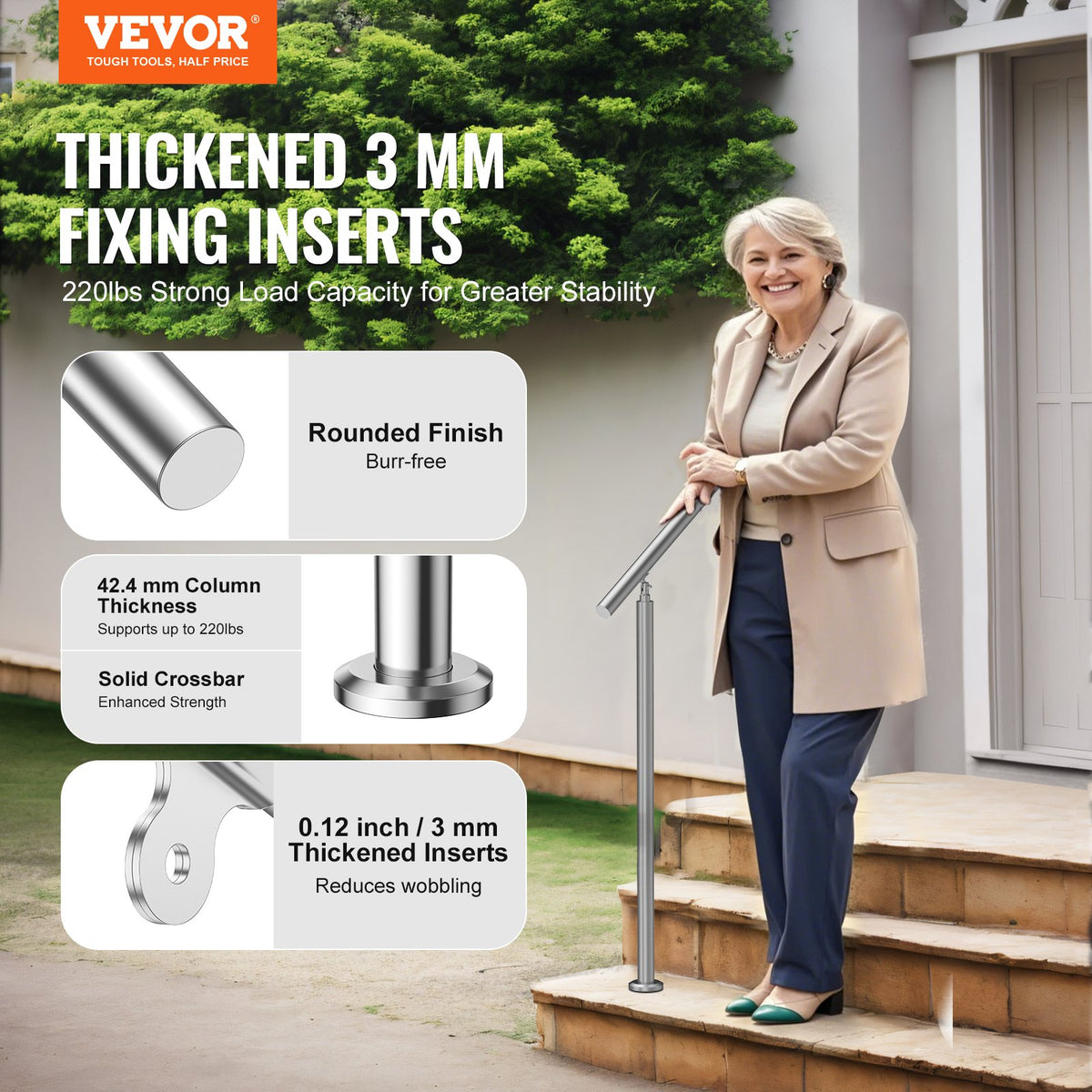 VEVOR Handrails for Outdoor Steps, 39.4in / 100cm Length Stair Hand Rail Kit, Transitional Stainless Steel Railings with Installation Kit, Double-column Staircase Handrails for Seniors,Porch & Deck