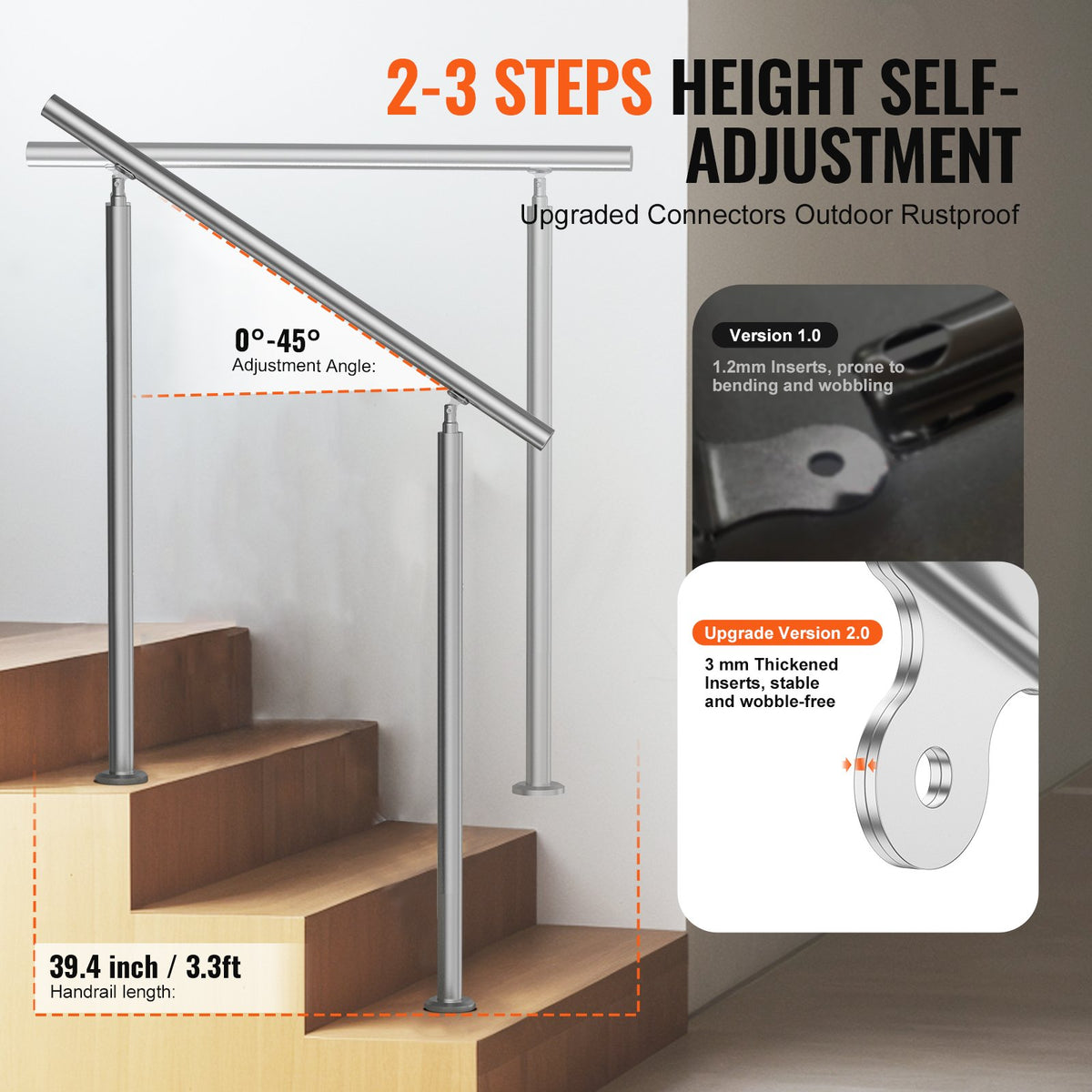 VEVOR Handrails for Outdoor Steps, 39.4in / 100cm Length Stair Hand Rail Kit, Transitional Stainless Steel Railings with Installation Kit, Double-column Staircase Handrails for Seniors,Porch & Deck