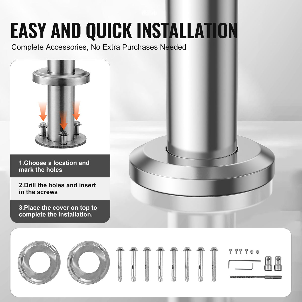 VEVOR Handrails for Outdoor Steps, 39.4in / 100cm Length Stair Hand Rail Kit, Transitional Stainless Steel Railings with Installation Kit, Double-column Staircase Handrails for Seniors,Porch & Deck