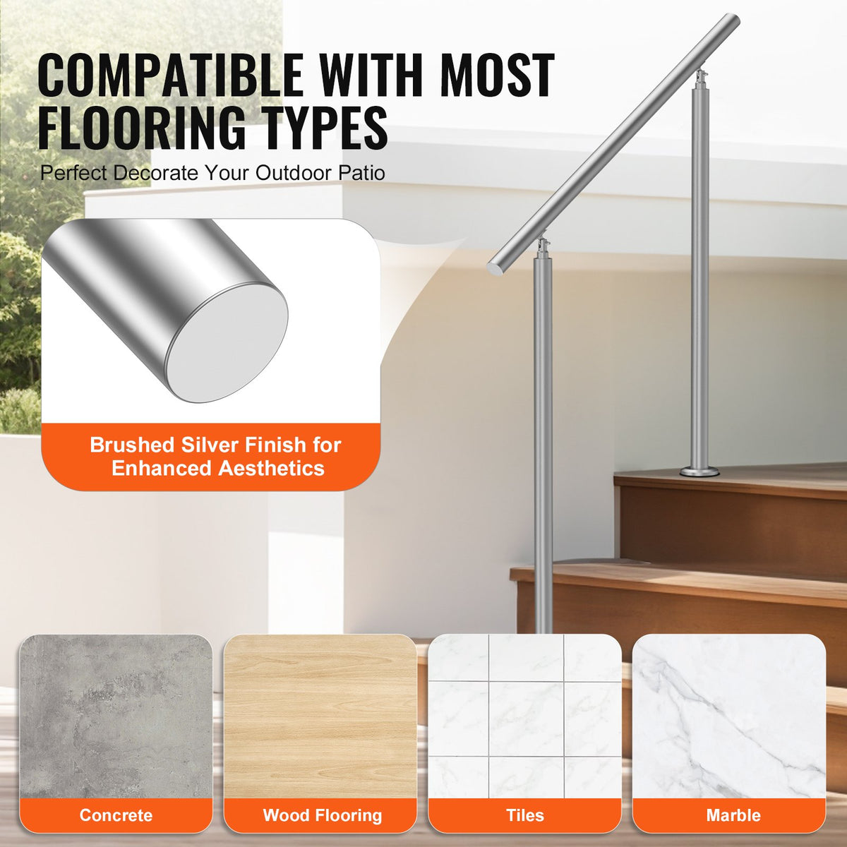 VEVOR Handrails for Outdoor Steps, 39.4in / 100cm Length Stair Hand Rail Kit, Transitional Stainless Steel Railings with Installation Kit, Double-column Staircase Handrails for Seniors,Porch & Deck
