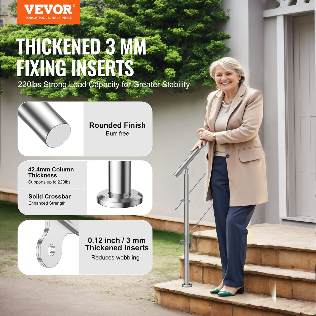 VEVOR 100.1 cm Handrails for Outdoor Steps 2 Crossbars Staircase for Porch Deck