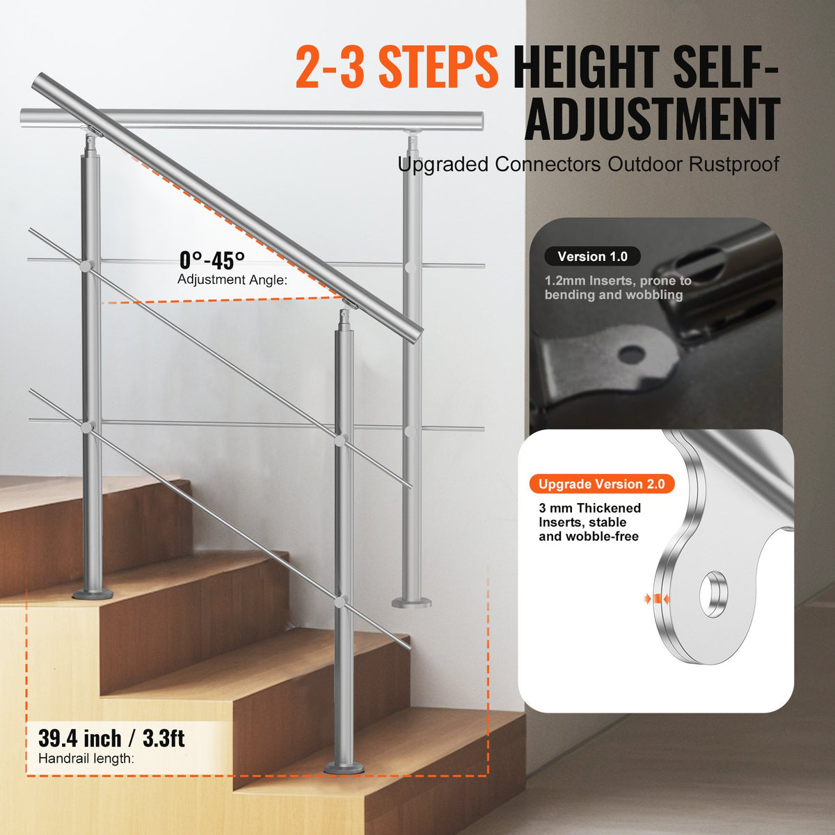 VEVOR 100.1 cm Handrails for Outdoor Steps 2 Crossbars Staircase for Porch Deck