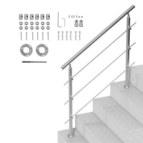 VEVOR Handrails for Outdoor Steps, 47.2in Length 3 Crossbars Stair Hand Rail Kit, Transitional Stainless Steel Railings w/ Installation Kit, Double-column Staircase Handrails for Seniors,Porch & Deck
