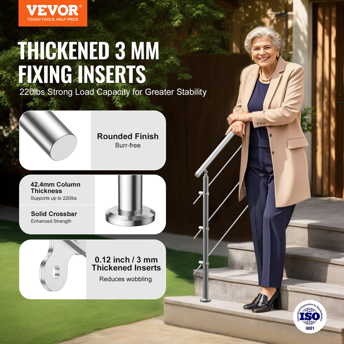 VEVOR Handrails for Outdoor Steps, 47.2in Length 3 Crossbars Stair Hand Rail Kit, Transitional Stainless Steel Railings w/ Installation Kit, Double-column Staircase Handrails for Seniors,Porch & Deck