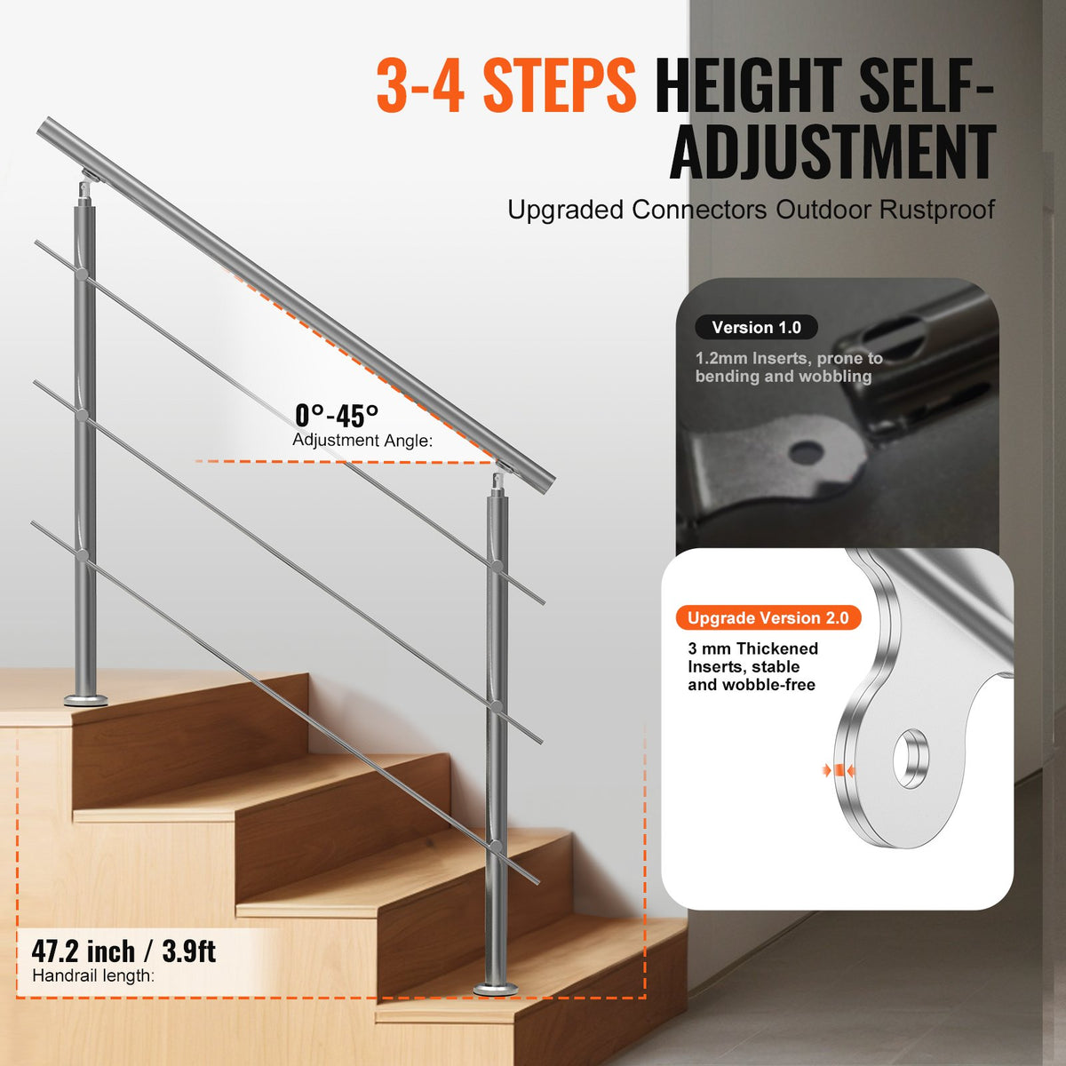 VEVOR Handrails for Outdoor Steps, 47.2in Length 3 Crossbars Stair Hand Rail Kit, Transitional Stainless Steel Railings w/ Installation Kit, Double-column Staircase Handrails for Seniors,Porch & Deck