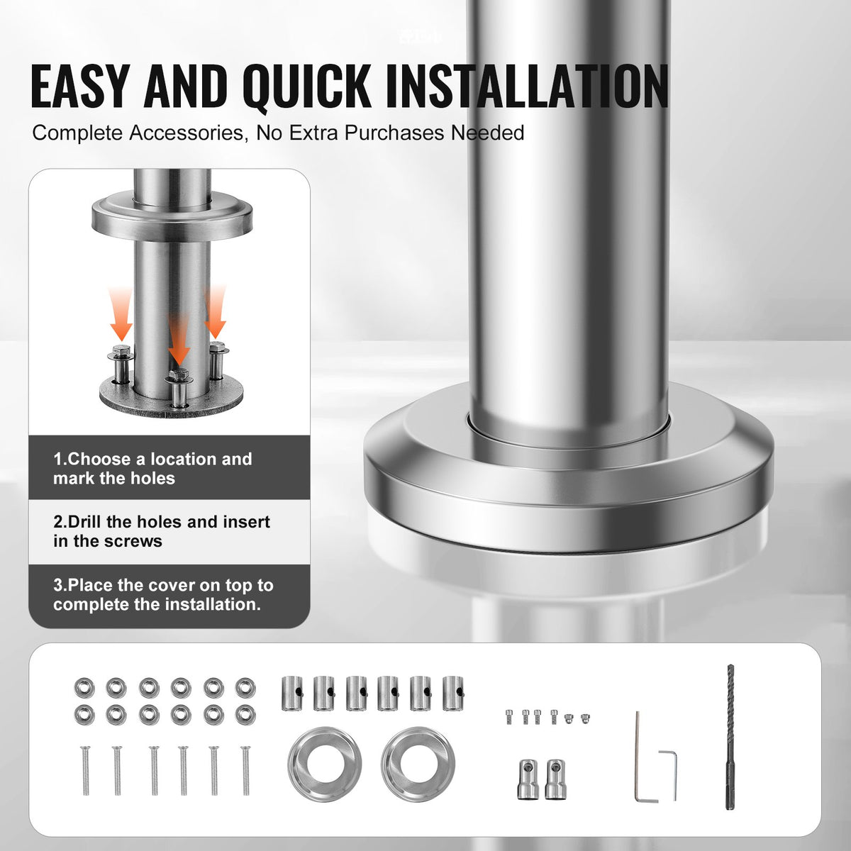 VEVOR Handrails for Outdoor Steps, 47.2in Length 3 Crossbars Stair Hand Rail Kit, Transitional Stainless Steel Railings w/ Installation Kit, Double-column Staircase Handrails for Seniors,Porch & Deck