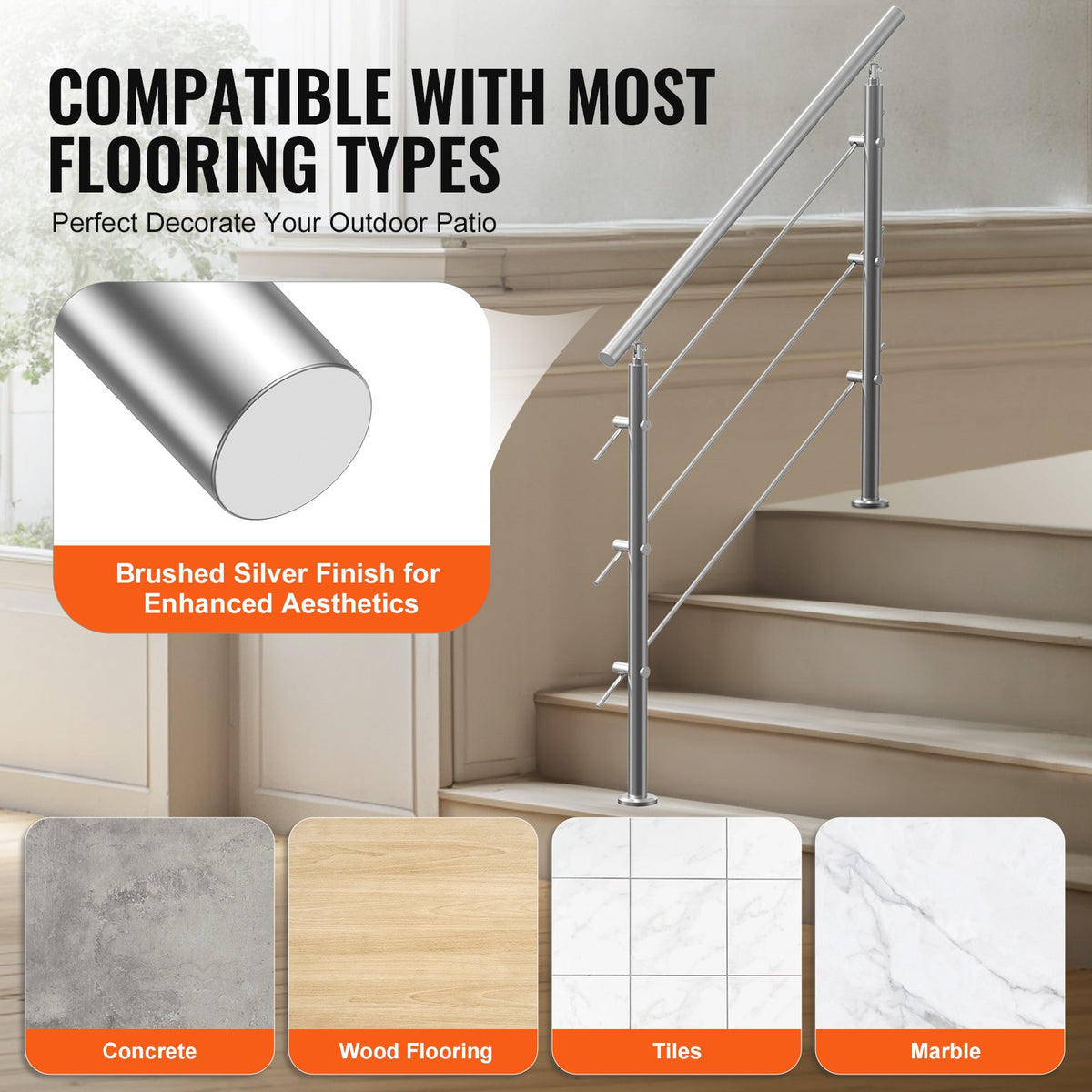 VEVOR Handrails for Outdoor Steps, 47.2in Length 3 Crossbars Stair Hand Rail Kit, Transitional Stainless Steel Railings w/ Installation Kit, Double-column Staircase Handrails for Seniors,Porch & Deck