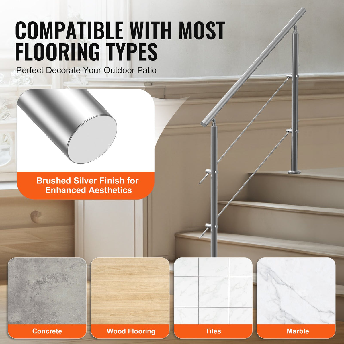 VEVOR 119.9 cm Handrails for Outdoor Steps 2 Crossbars Staircase for Porch Deck