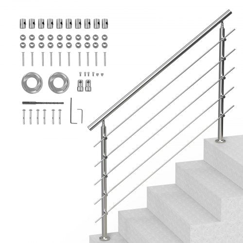 VEVOR Handrails for Outdoor Steps, 59 in Length 5 Crossbars Stair Hand Rail Kit, Transitional Stainless Steel Railings w/ Installation Kit, Double-column Staircase Handrails for Seniors,Porch & Deck