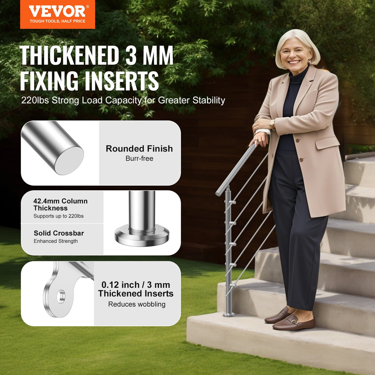 VEVOR Handrails for Outdoor Steps, 59 in Length 5 Crossbars Stair Hand Rail Kit, Transitional Stainless Steel Railings w/ Installation Kit, Double-column Staircase Handrails for Seniors,Porch & Deck