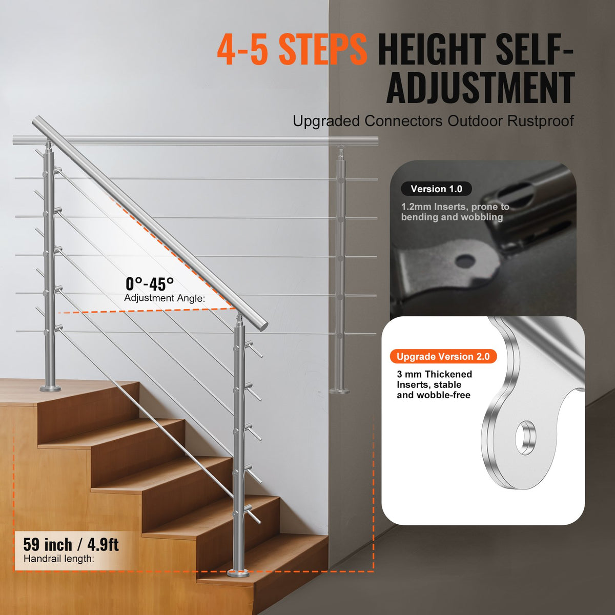 VEVOR Handrails for Outdoor Steps, 59 in Length 5 Crossbars Stair Hand Rail Kit, Transitional Stainless Steel Railings w/ Installation Kit, Double-column Staircase Handrails for Seniors,Porch & Deck