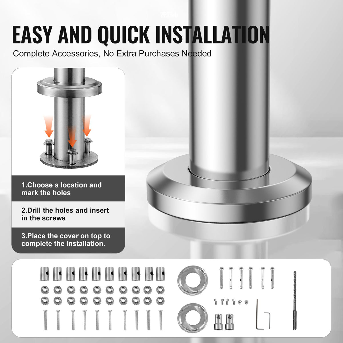 VEVOR Handrails for Outdoor Steps, 59 in Length 5 Crossbars Stair Hand Rail Kit, Transitional Stainless Steel Railings w/ Installation Kit, Double-column Staircase Handrails for Seniors,Porch & Deck