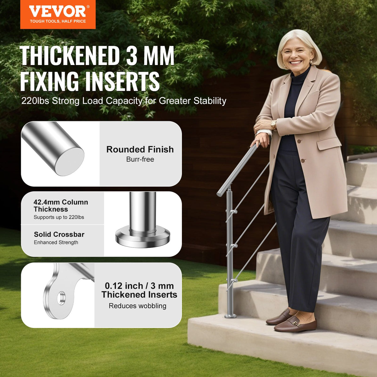 VEVOR 149.9 cm Handrails for Outdoor Steps 3 Crossbars Staircase for Porch Deck
