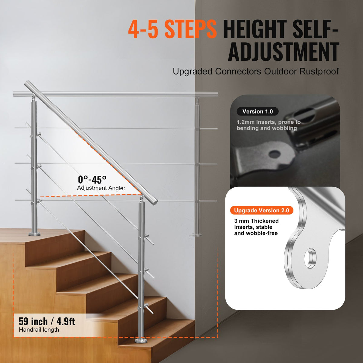 VEVOR 149.9 cm Handrails for Outdoor Steps 3 Crossbars Staircase for Porch Deck