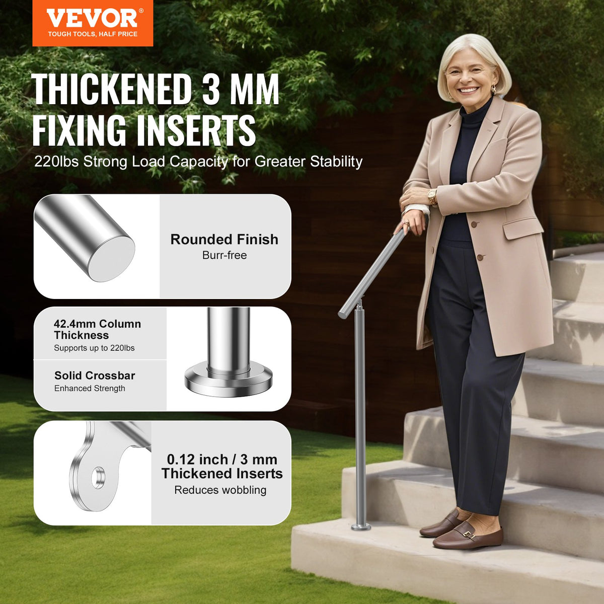 VEVOR Handrails for Outdoor Steps, 59 in/ 150cm Length Stair Hand Rail Kit, Transitional Stainless Steel Railings with Installation Kit, Double-column Staircase Handrails for Seniors,Porch & Deck