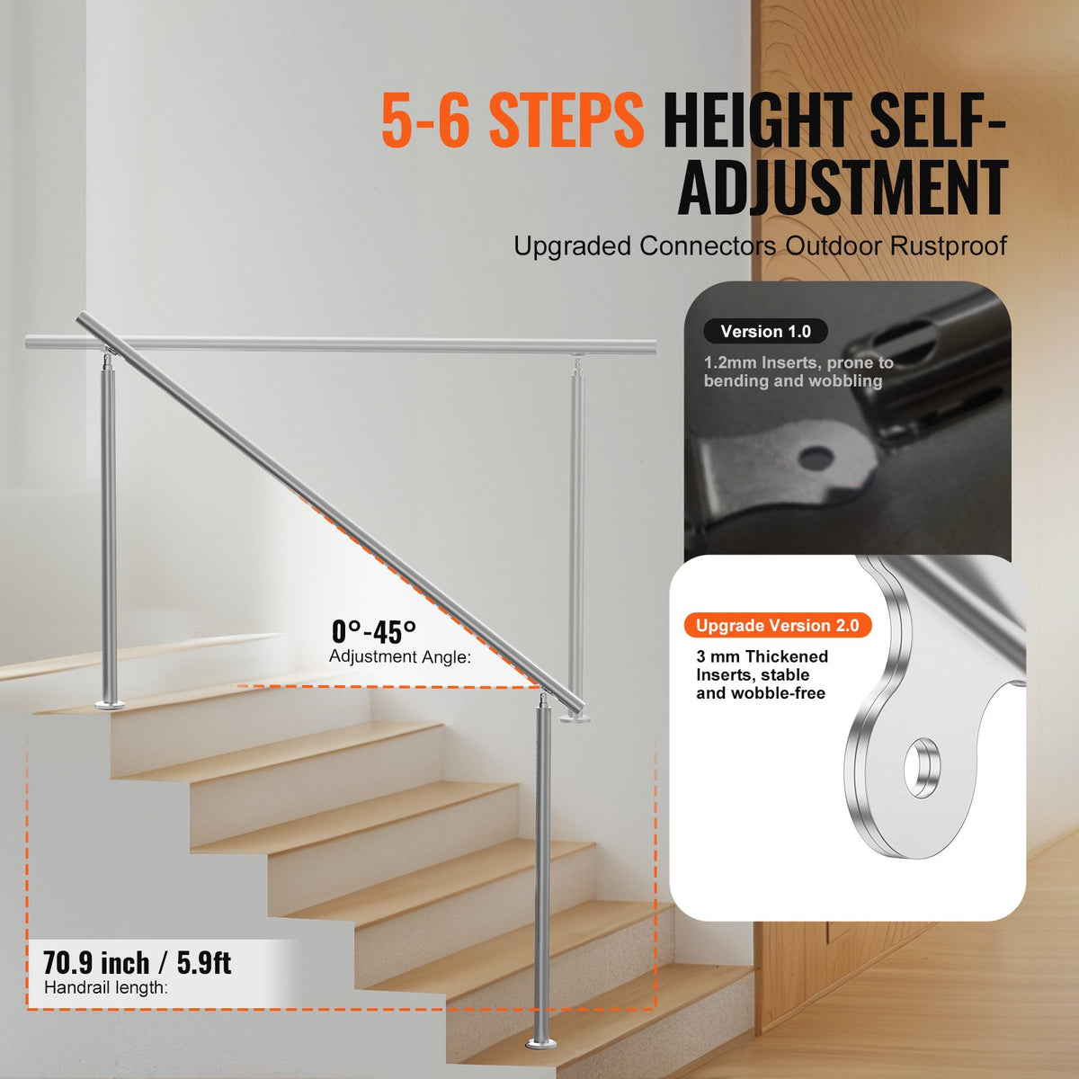 VEVOR Handrails for Outdoor Steps, 70.9 in/ 180cm Length Stair Hand Rail Kit, Transitional Stainless Steel Railings with Installation Kit, Double-column Staircase Handrails for Seniors,Porch & Deck