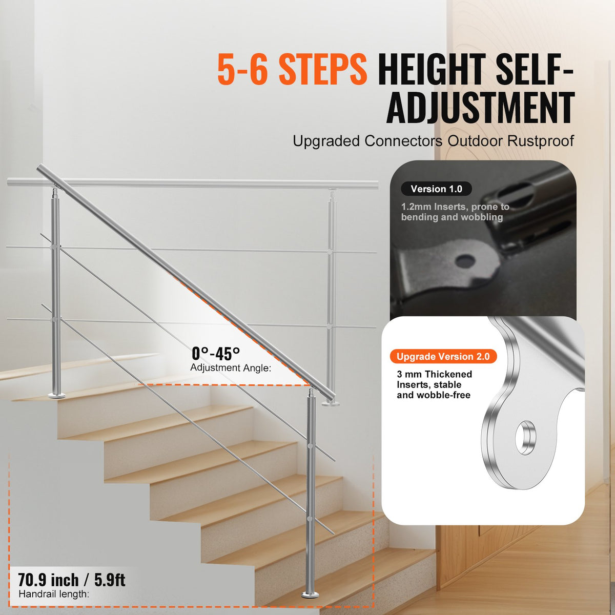VEVOR 180.1 cm Handrails for Outdoor Steps 2 Crossbars Staircase for Porch Deck