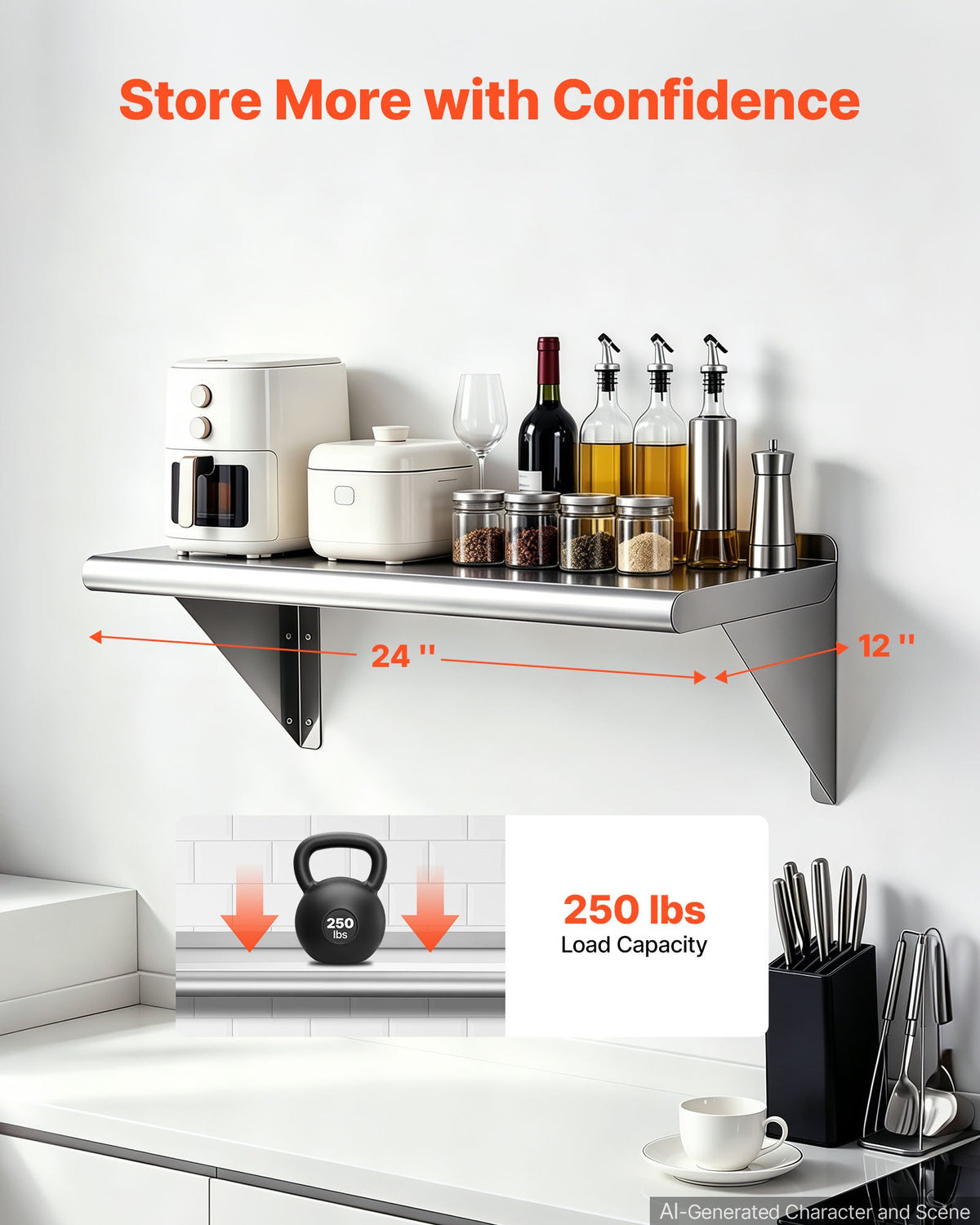 VEVOR Stainless Steel Shelf 305 x 610 mm Commercial Wall Mount Floating Shelf, Heavy-Duty Storage Rack with Brackets, 113kg Strong Capacity, Easy to Clean for Restaurant, Home Kitchen, Garage
