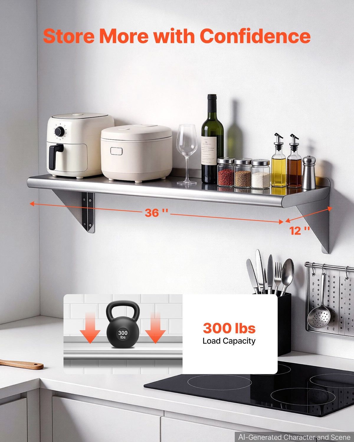 VEVOR Stainless Steel Shelf 305 x 914 mm 2-Pack Wall Mount Floating Shelf, Heavy-Duty Commercial Shelves with Brackets, 136kg Capacity, Easy to Clean for Restaurant, Home Kitchen, Garage