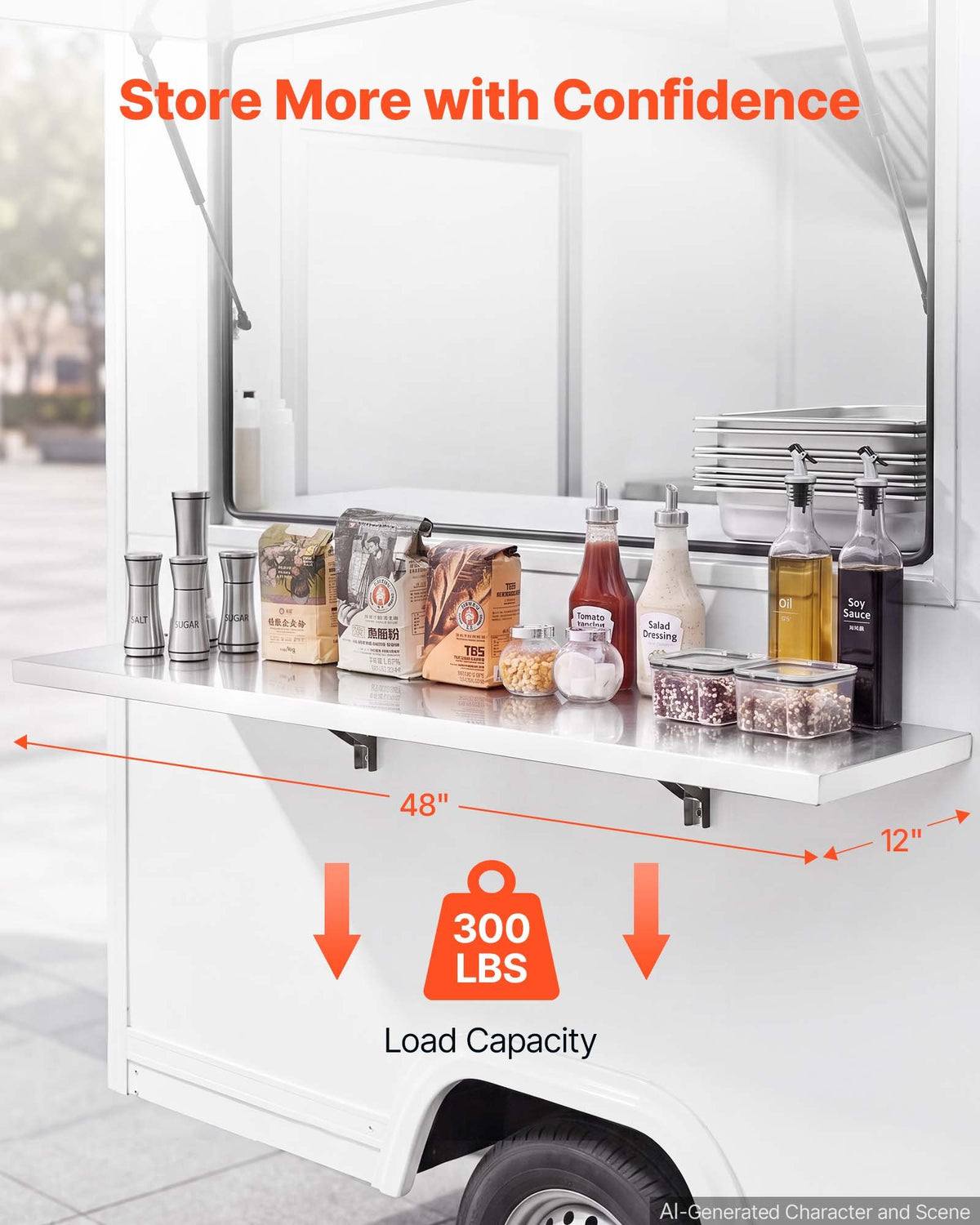 VEVOR Stainless Steel Shelf 305 x 1219 mm Foldable Wall Mount Floating Shelf, Heavy-Duty Commercial Shelves with Brackets, 136 kg Capacity, Easy to Clean for Restaurant, Home Kitchen, Garage